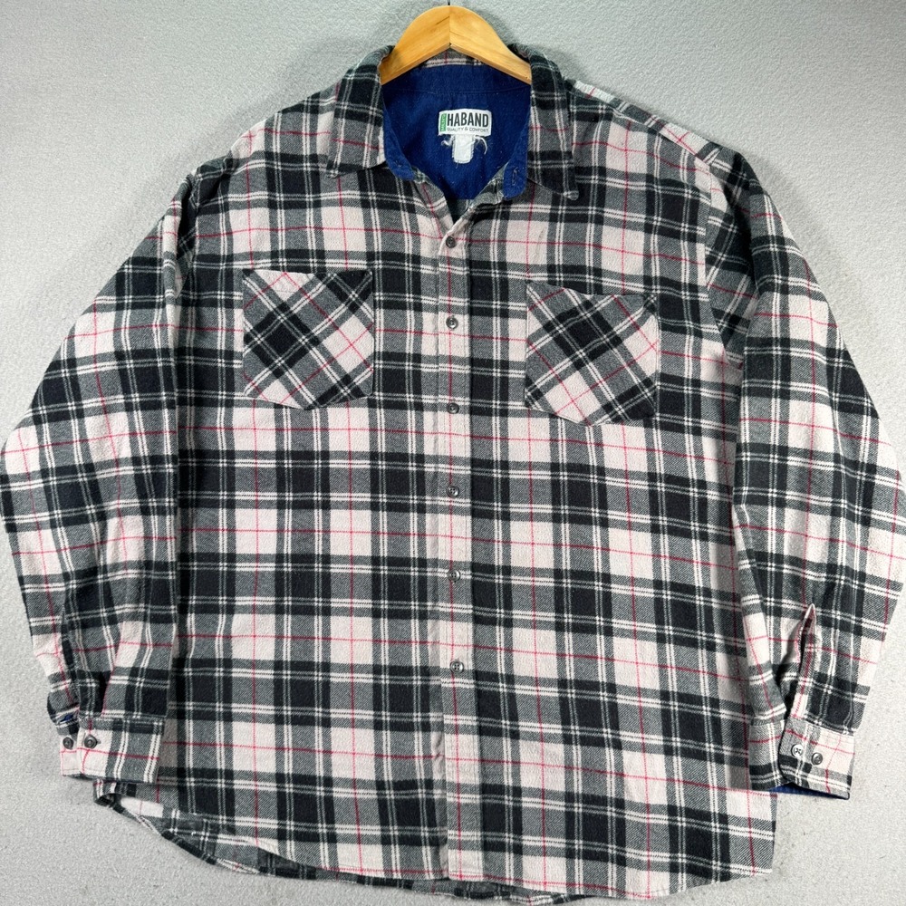 Haband Flannel Shirt Mens 2XL‎ Gray Plaid Stripes Double Pockets Hunting Outdoor